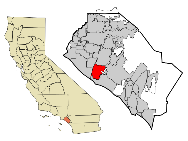 カリフォルニア州におけるオレンジ郡（左図）およびコスタメサの位置の位置図