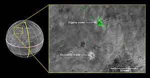 A composite image showing the ammonia around Organa crater, in green. Organa crater.jpg