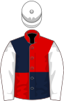 Red and dark blue (quartered), white sleeves and cap