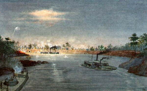 Brazilian ironclad warships at last dash past the Fortress of Humaitá, 19th February 1868. By the Brazilian naval engineer and watercolourist Trajano 