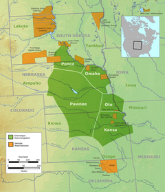 Plains Indians at time of European contact and current homelands. Pawnee01.png