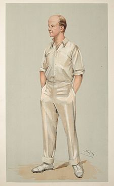 Plum Warner, who captained Hawke's XI and scored a double-century on the tour. Pelham Warner Vanity Fair 3 September 1903.jpg