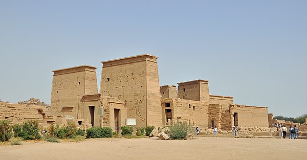 The Temple of Isis at Philae, with pylons and an enclosed court on the left and the inner building at right. Fourth to first century BC