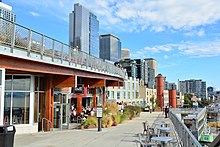 Plaza on west side of MarketFront, 2019 Pike Place Market - MarketFront and skyline 01.jpg