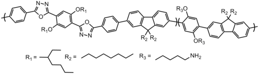 The product of the above reaction (the purple substance shown in the photo higher up) Polyfluorene with oxadiazole.png