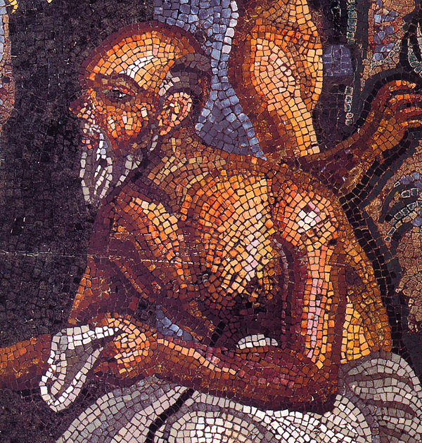 Detail of a poet giving directions from a theatrical scene. Roman mosaic from the tablinum Casa del Poeta tragico (VI 8, 3–5) in Pompeii. Naples Natio