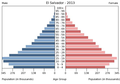 English: The population pyramid of El Salvador illustrates the age and sex structure of population and may provide insights about political and social stability, as well as economic development. The population is distributed along the horizontal axis, with males shown on the left and females on the right. The male and female populations are broken down into 5-year age groups represented as horizontal bars along the vertical axis, with the youngest age groups at the bottom and the oldest at the top. The shape of the population pyramid gradually evolves over time based on fertility, mortality, and international migration trends. Українська: Віково-статева піраміда населення Сальвадору за 2013 рік. Вона дає наочне уявлення про вікову і статеву структура населення країни, може слугувати джерелом інформації про політичну і соціальну стабільність, економічний розвиток. Блакитними кольорами ліворуч, у вигляді горизонтальних смуг показані вікові групи (з кроком 5 років кожна) чоловічої статі, праворуч рожевими — жіночої. Наймолодші вікові групи — внизу, найстаріші — вгорі. Форма піраміди поступово еволюціонує з плином часу під впливом чинників народжуваності, смертності і світової міграції.