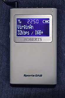 A DAB+ transmission of Virgin Radio Anthems on the Sound Digital multiplex in the UK, being received by a compatible radio Portable radio receiving DAB+ transmission in UK.jpg