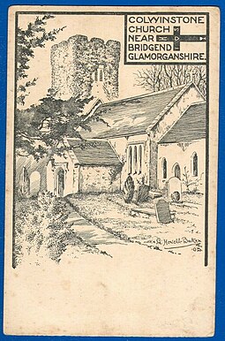 "Colwinstone Church" on a 1903 postcard designed and published by the artist G. Howell-Baker Postcard - Colwinstone Church near Bridgend Glamorganshire - G. Howell-Baker - S-l1600 - recto.jpg