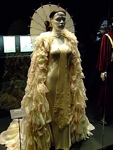 Photo prise dans un musée d'une grande robe blanche très ouvragée.