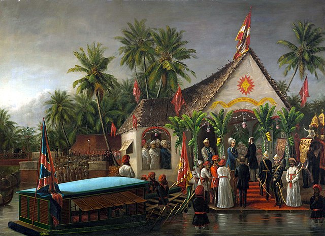 Painting by Raja Ravi Varma depicting Richard Temple-Grenville, 3rd Duke of Buckingham and Chandos being greeted by Visakham Thirunal, with Ayilyam Th