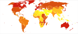 Disability-adjusted life years (DALY) lost from Rheumatoid arthritis in 2012 per million persons.   241-405   409-561   576-624   629-629   637-646   650-650   651-774   817-1,160   1,166-1,461   1,483-2,183 * Countries are divided approximately by population into ten groups. * Dependencies of France, United Kingdom, United States of America, The Netherlands and Denmark are grouped with their respective countries.