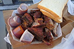 Rib tips and white bread, a common combination in Chicago-style barbecue Rib Tips.jpg
