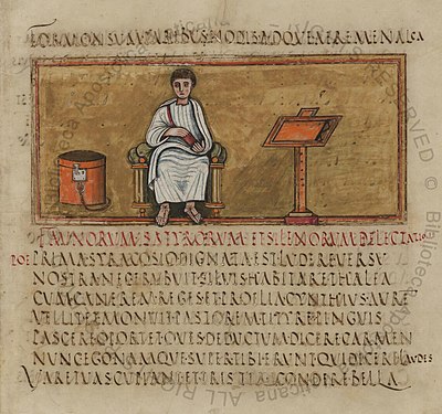 Folio14 recto of the Vergilius Romanus written in rustic capitals, also contains an author portrait of Virgil.