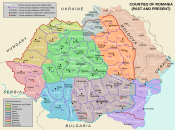Nástin zobrazující území současného Rumunska a jeho území do krajů překrytých barevnou mapou meziválečných krajů.