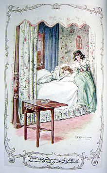 Sur un lit dans une alcôve, une jeune fille allongée, une autre assise lisant une lettre