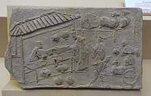 Eastern Han tomb brick showing a wheelbarrow Sheep wine vessel and wine shop, China, collected at Shenping, Pengzhou City, Eastern Han dynasty, 25-220 AD, tomb tile - Sichuan Provincial Museum - Chengdu, China - DSC04782.jpg