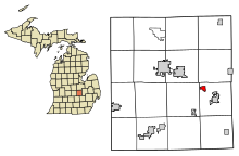 Shiawassee County Michigan Sisällytetyt ja rekisteröimättömät alueet Vernon Highlighted.svg