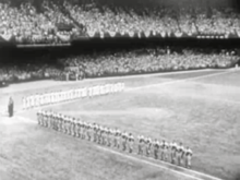 The Yankees and Phillies lining up prior to Game 1 at Shibe Park. Shibe Park 1950.png