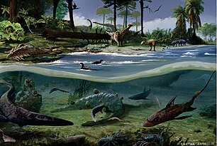 Reconstruction of the Snow Hill Island Formation's flora and fauna, with Trinisaura in the back foreground Snow Hill Island Formation paleoenvironment recon.jpg