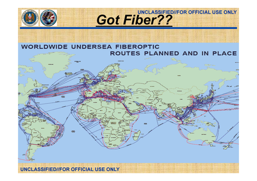 Screenshot from one of the unclassified slides in the published top secret documents. The aim of the program is to gain access to these fiber-optic cables. Special Source Operations (SSO) Overview RAMPART-A, "Got Fiber%3F%3F".png