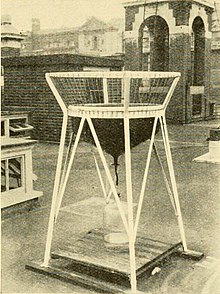 An early deposit gauge for collecting particulates such as soot in air pollution, photographed c.1910, as illustrated in the book The Smoke Problem of Great Cities by Shaw and Owens, 1925. Standard deposit gauge.jpg