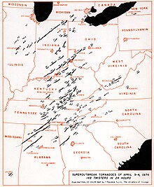 A map of the tornado paths in the Super Outbreak (April 3-4, 1974) Super Outbreak Map.jpg