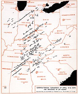 Paths of the 148 tornadoes generated during the 1974 Super Outbreak. Super Outbreak Map.jpg