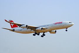 Swissair Airbus A340-300 is landing at Tokyo Narita Airtport.