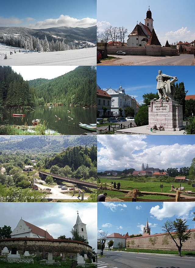 קולאז' תמונות:שורה1 משמאל לימין:פסגת מדראש בהרי הרגיטה - 1801 מ'; כנסייה ארמנית בעיר גאורגן ;שורה 2:האגם האדום בסובאטה; אנדרטה של  גאבור ארון בטרגו סקוייסק (קזדיוואשארהיי);שורה 3:קניון ומעבר ההרים גימש, במחוז בקאו; מרחצאות שומולאו צ'וק (צ'יק שומיו) ;שורה 4: הכנסייה הקתולית המבוצרת בקרצה (קרצפאלו), מחוז הרגיטה; חומות המצודה בטרגו מורש