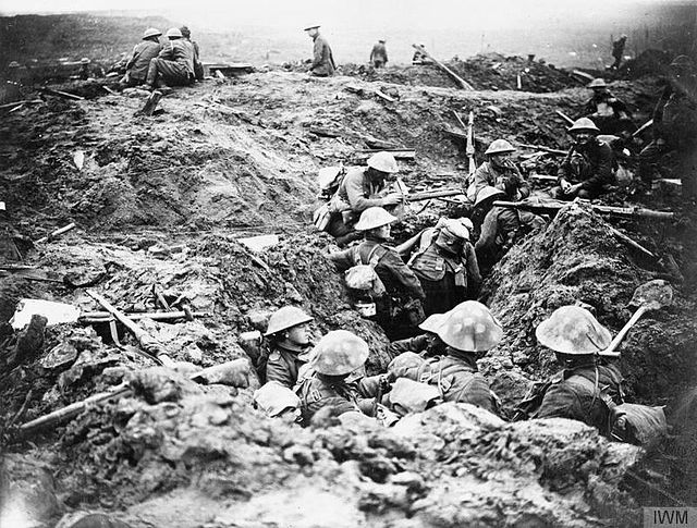Men of the 13th Battalion, Durham Light Infantry, 23rd Division, resting in trenches during their advance on Veldhoek, 20 September 1917