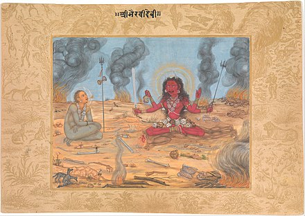A depiction of the Goddess Bhairavi and Shiva in a charnel ground, from a 17th-century manuscript.