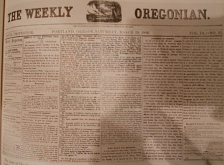 The Weekly Oregonian front page on March 19, 1859