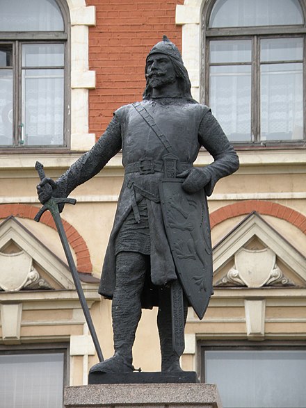 Statue of Vyborg Castle's (and therethrough Vyborg's) founder Torkel Knutsson outside the old city hall