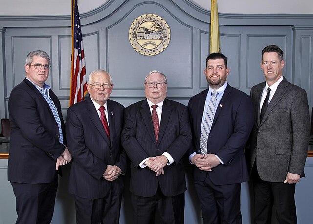Wyckoff's Township Committee circa 2023. From left to right: Tim Shanley, Rudy Boonstra, Tom Madigan, Peter Melchionne, Scott Fisher
