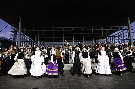Dancers in traditional costume outside the Senedd