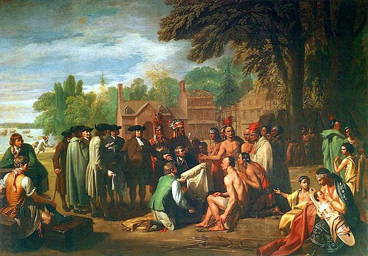 Benjamin West's painting The Treaty of Penn with the Indians (1771–1772), depicts the 1683 peace treaty at Shackamaxon between William Penn and Tamanend, the chief of the Lenape's "Turtle Clan."  Voltaire referred to it as "the only treaty never sworn to and never broken."
