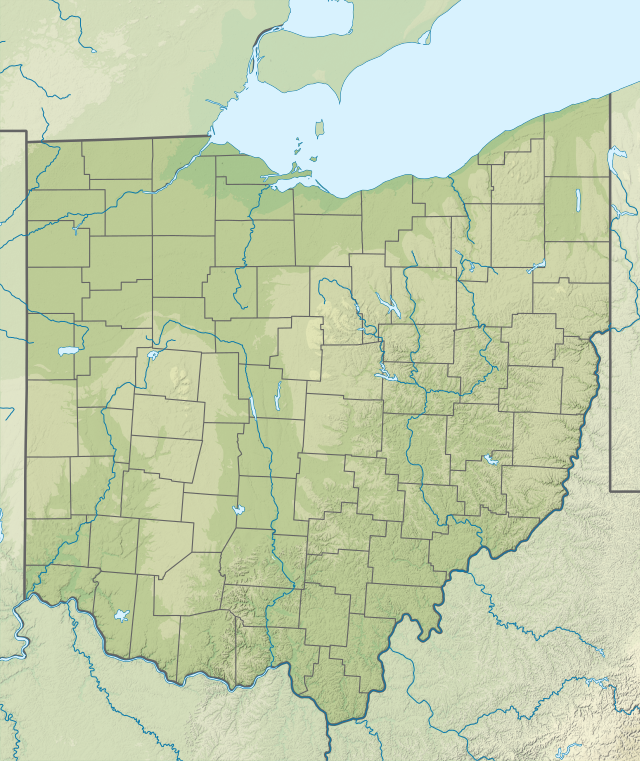 Mapa konturowa Ohio, u góry po lewej znajduje się punkt z opisem „miejsce bitwy”