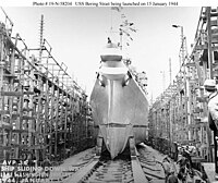 USS Bering Strait (AVP-34) is launched at Lake Washington Shipyard, Houghton, Washington, on 15 January 1944. USS Bering Strait (AVP-34) launch.jpg