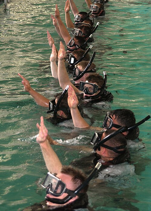 Search and Rescue students give the "I am all right" signal to let the SAR instructors know that they are ready for further instructions at the pool o
