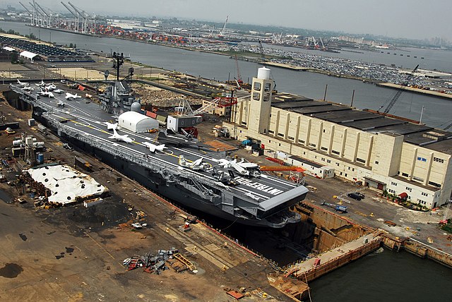 Looking northwest across MOTBY (with USS Intrepid in foreground), Port Jersey, Greenville Yard, and Claremont Terminal