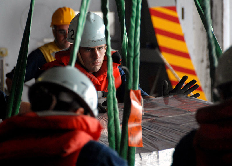 File:US Navy 070730-N-7981E-104 Riggers guide cargo aboard Nimitz-class aircraft carrier USS Abraham Lincoln (CVN 72) as it is received via connected replenishment from the Modular Cargo Delivery System Ship SS Cape Gibson (T-AK 505.jpg