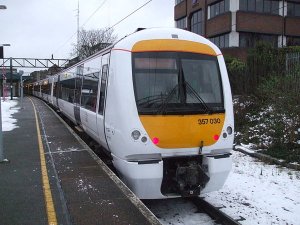 357030 at Barking in National Express c2c livery. Electrostar trains are the new standard on many of London's commuter routes.