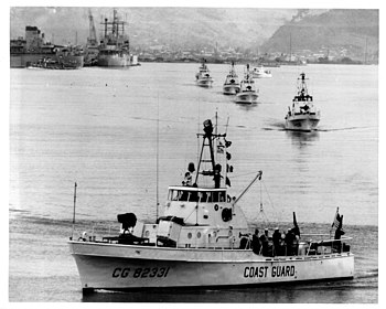 USCGC Point Marone (WPB-82331) leaving Subic Bay Naval Base for Vietnam along with other cutters of Division 11, Coast Guard Squadron One, 24 July 1965. Two ammunition ready boxes containing 81 mm mortar ammunition are visible forward of the deckhouse front bulkhead. VTN SQ1 Subic.jpg