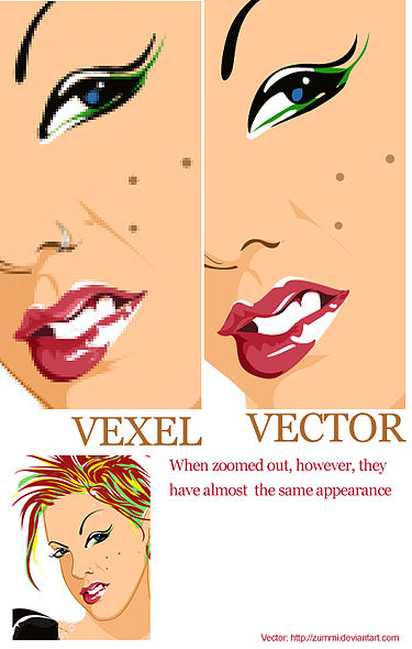 Difference between a Vexel and a Vector. Both are created using Adobe Photoshop or a similar application with the pen tool although the vector is made using the shape layer function of the pen tool whereas the vexel is based on raster layers. Vector vexel example.jpg