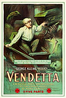 Poster advertising the 1914 silent film adaptation, depicting Fabio Romani emerging from his coffin in the Romani family tomb. Vendetta poster 1914.jpg