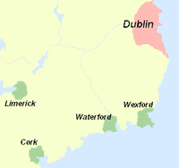 Étendue maximale de Dublin (rose) et d'autres colonies nordiques (vert) en Irlande