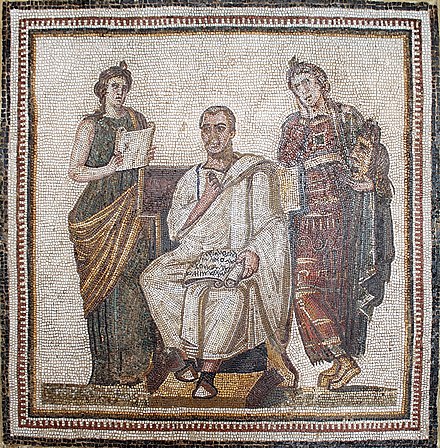 A 3rd-century Roman mosaic of Virgil seated between Clio and Melpomene (from Hadrumetum [Sousse], Tunisia)