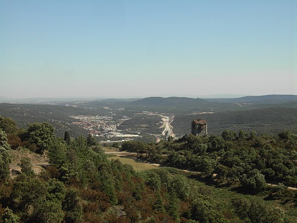 View south from the Fort de Bellegarde past the Panissars blockhouse. La Junquera is at the left center and Black Mountain (Mont Roig) is on the cente