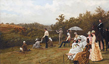 The American shooter Walter Winans during a 100-meter running deer competition in Wimbledon Common, London (painting by Thomas Blinks, 1888). Walter Winans on the Running Deer Range, Wimbledon Common, by Thomas Blinks.jpg
